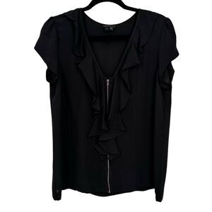 Theory 100% Silk‎ Zip Front Ruffle Short Sleeve Top Black Size Large